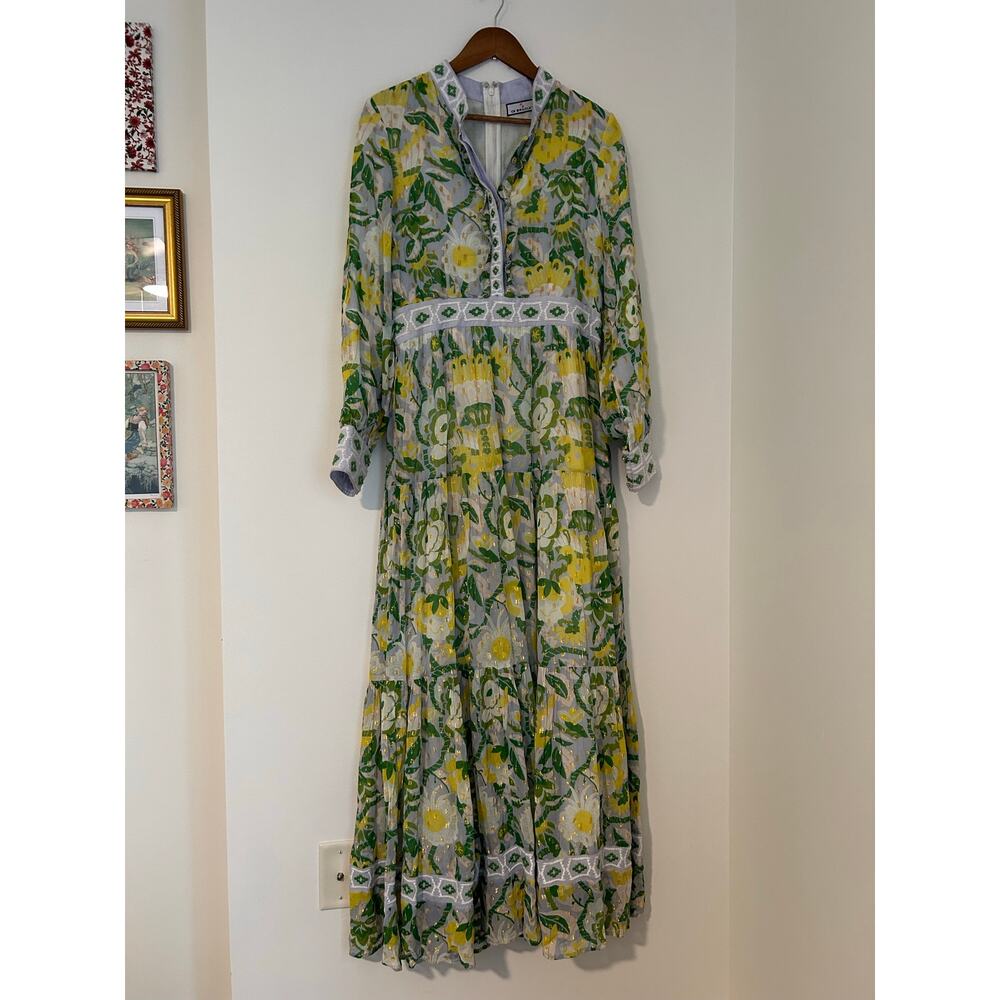 CK Bradley Falconer Lemon Dress Blue Green Yellow Long Sleeve Maxi Tiered EUC M